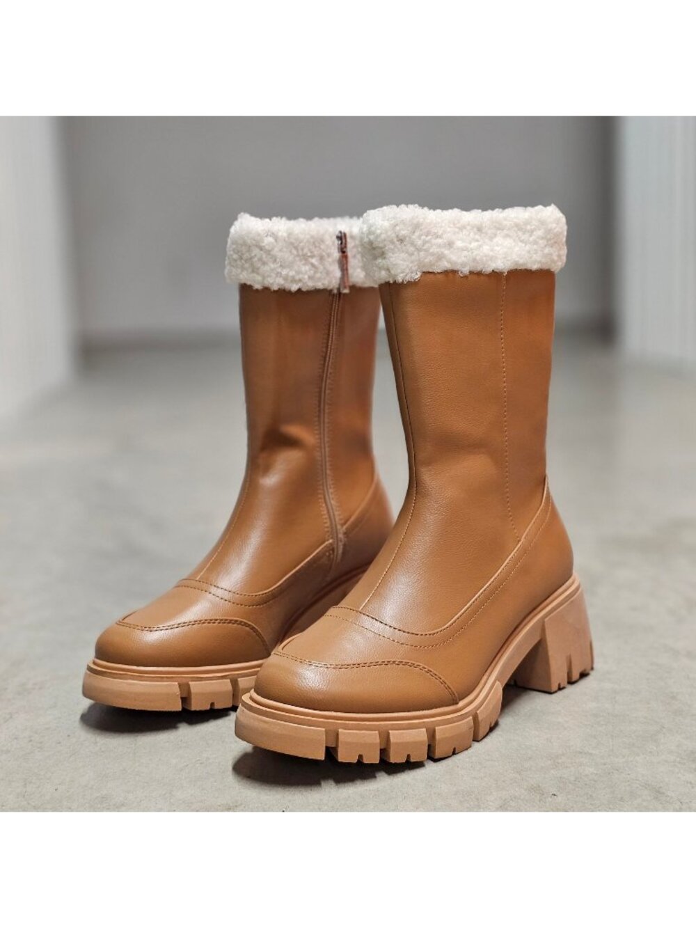 Womens Tan Faux Leather Mid-Calf Boots With Chunky Sole & Faux Shearling Trim